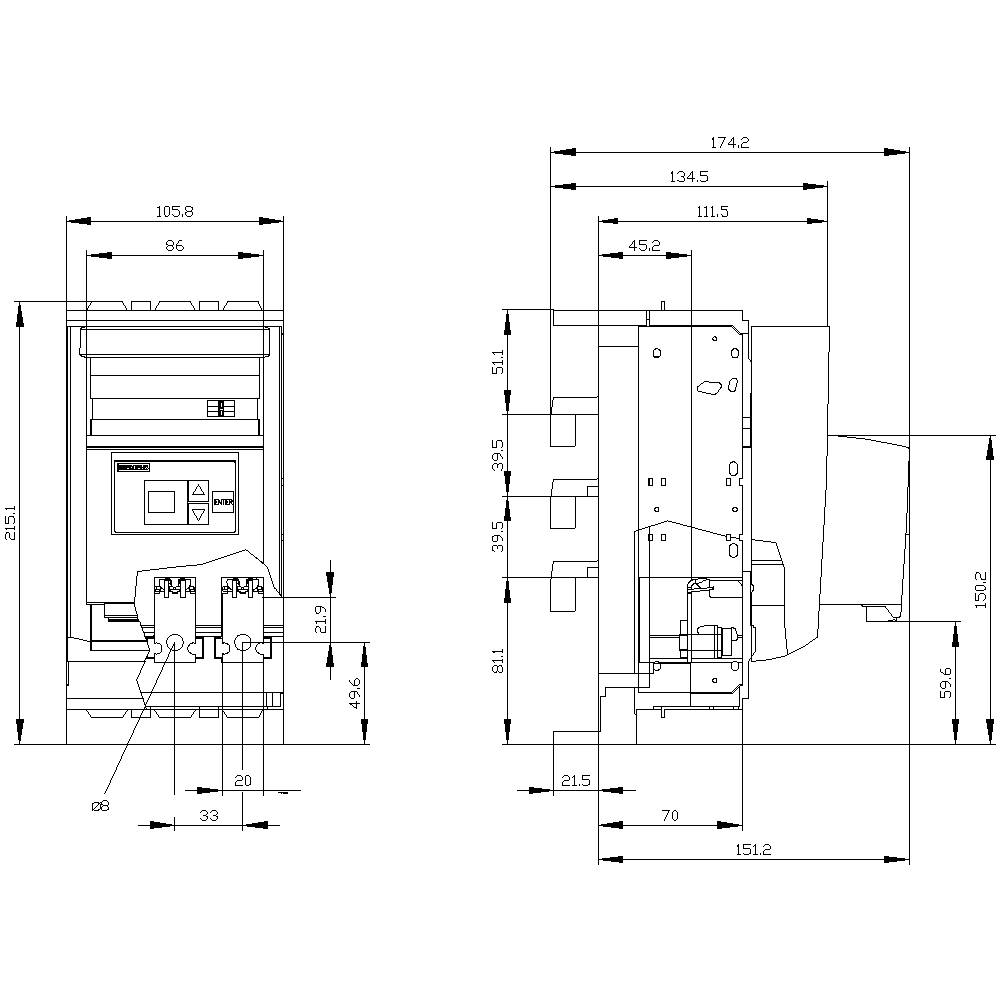 Technical drawing of an electrical device with dimensions in millimetres, showing height, width, and depth. Front and side views depicted.