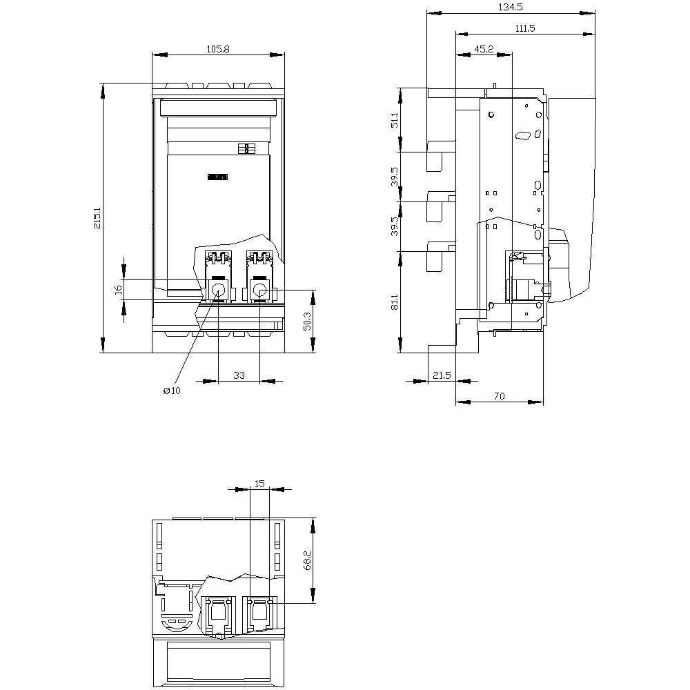 Technical drawing of a mechanical component with dimensions in millimetres. Front, side, and top views with specific measurements.
