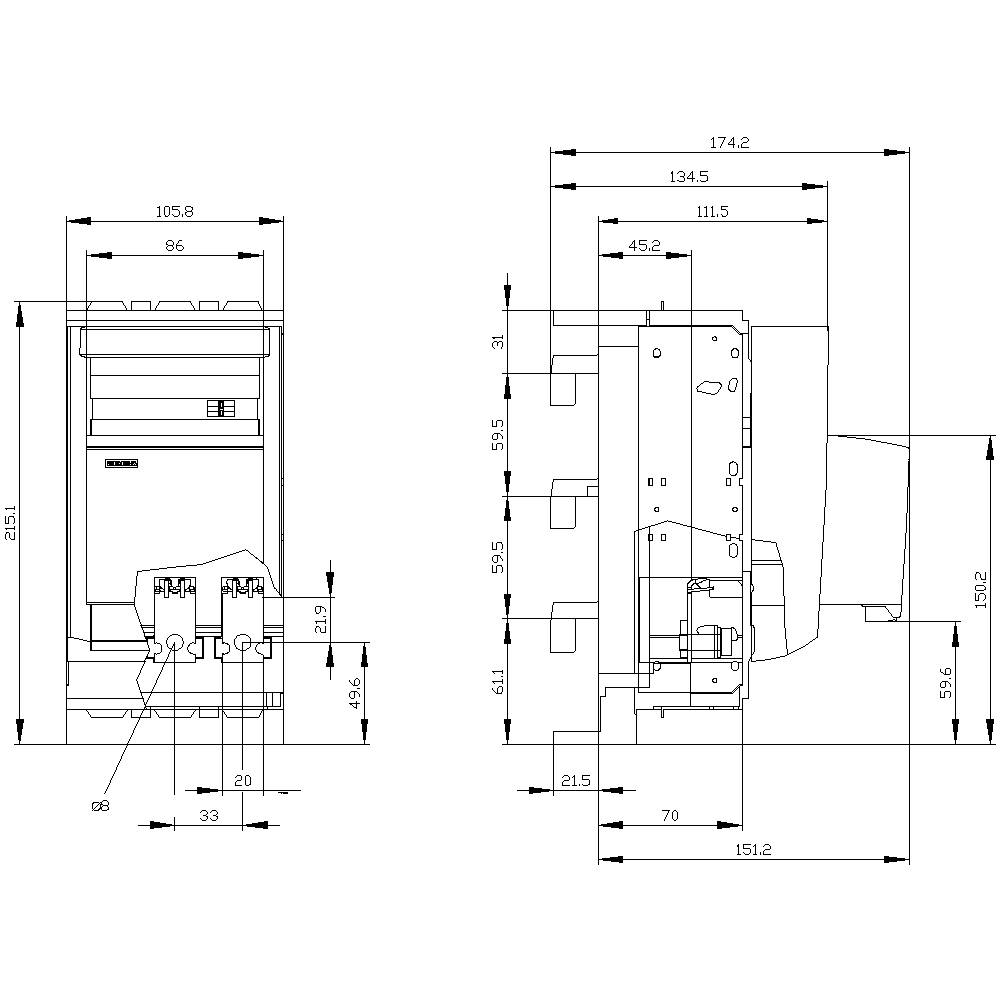 Technical drawing of an electrical device with dimensions in millimetres. Shows front view and side view with detailed measurements.