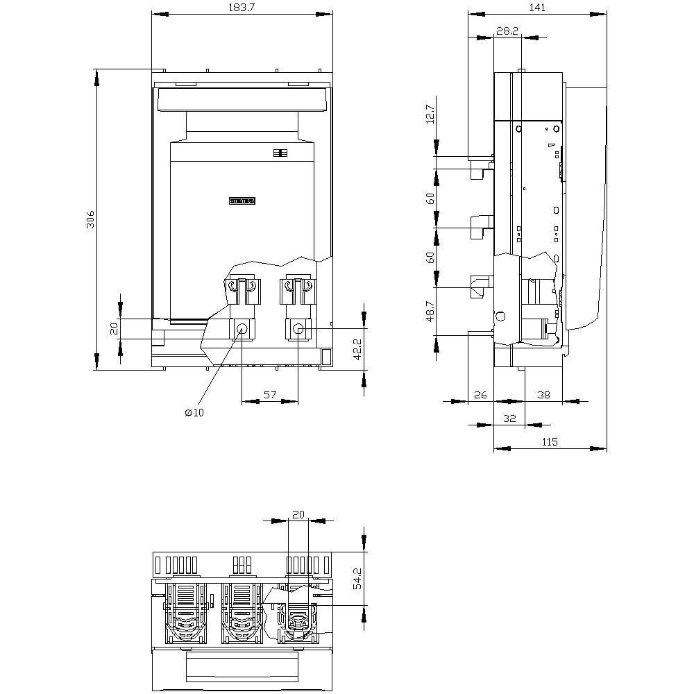 Technical drawing of an electronic device with front, side, and top views. Contains dimensional units in millimetres.