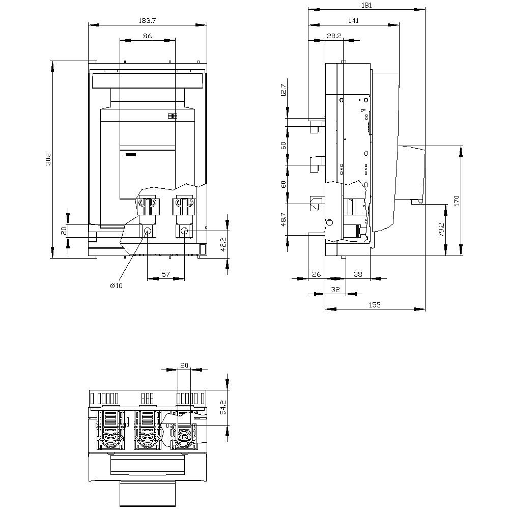 Technical drawing of a device with multiple views and precise dimensional specifications. Front, side, and top views are depicted.