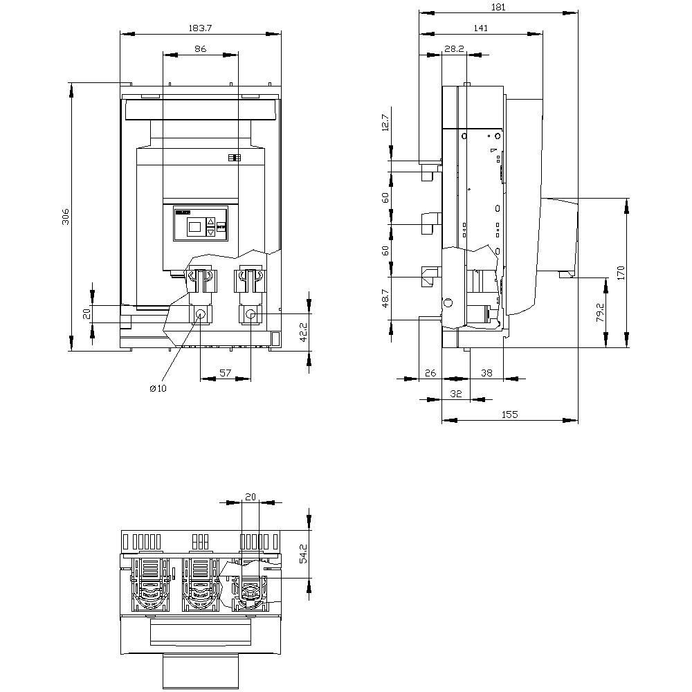 Structured technical drawing of an electrical switch with detailed dimensions in millimetres, front and side view.