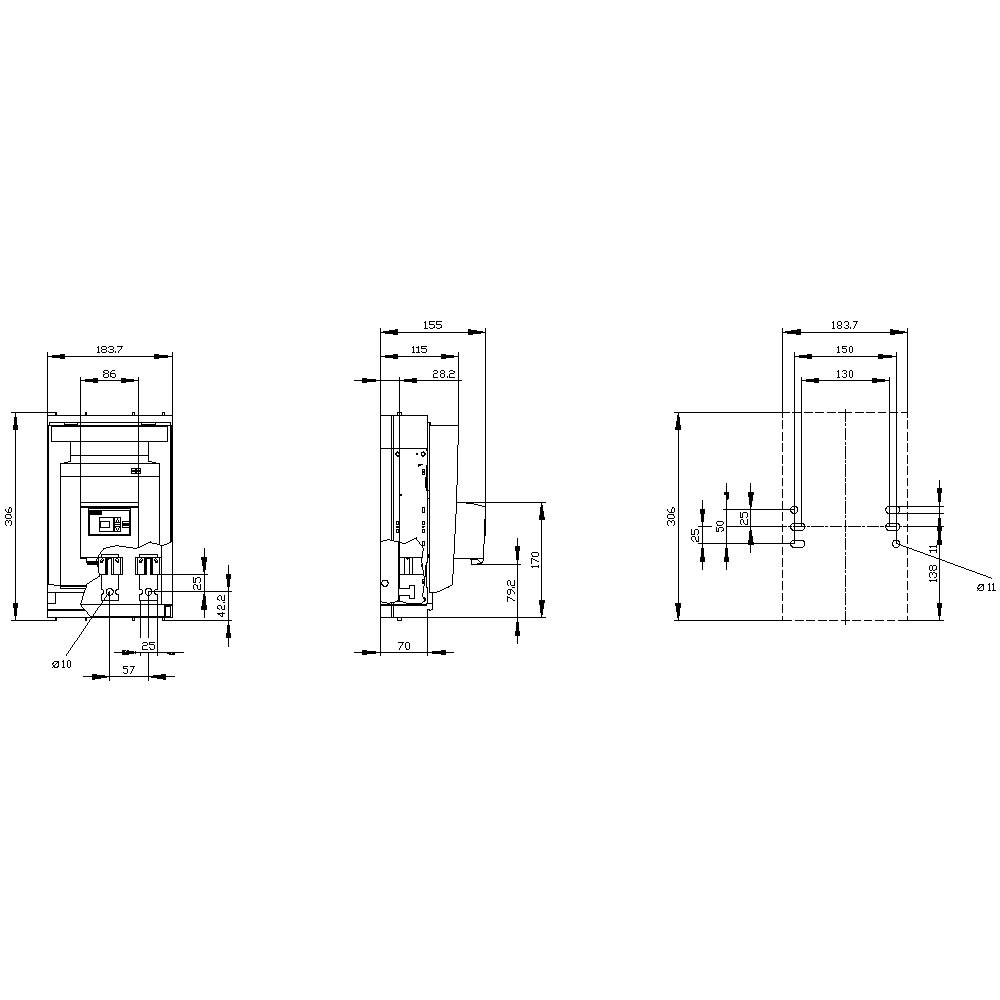 Triple technical drawing of an electrical device with detailed dimensions, including width, height and depth in millimetres.