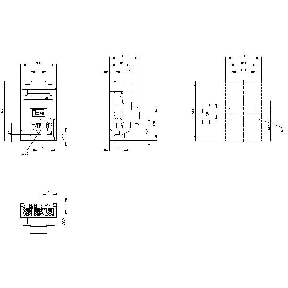 Technical drawing of an electrical device showing front, side, and top views, with dimensions specified in millimetres.