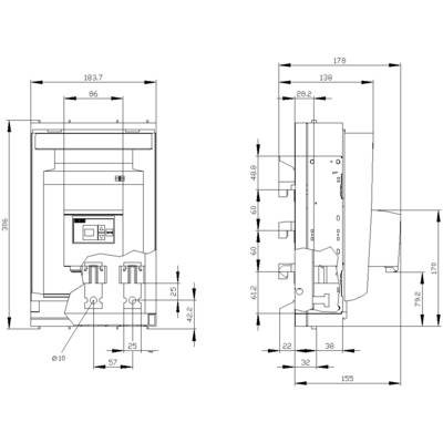 Technical drawing of an electrical switch with front and side view. Dimensions are given in millimetres.