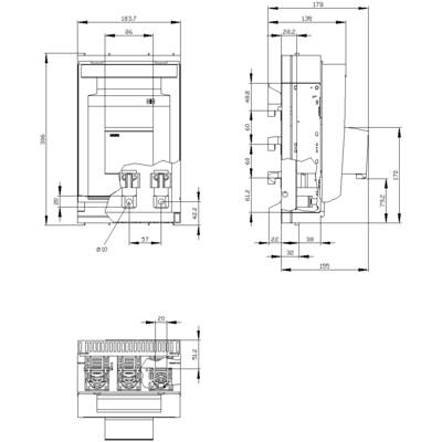 Technical drawing of an electrical control cabinet with three views, including detailed dimensions and connection labels.