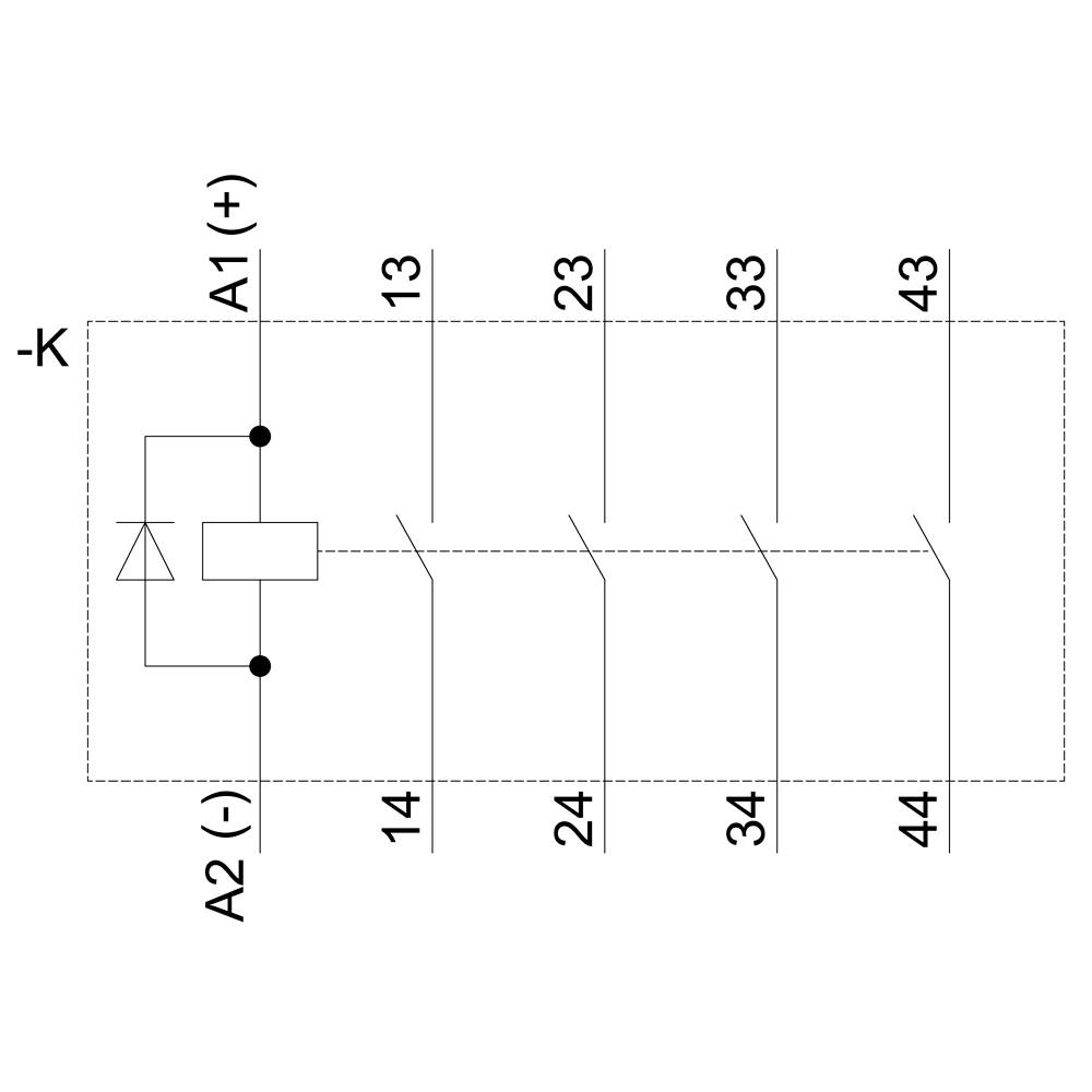 Circuit symbol: Relay with coil on the left, diode parallel to the coil. Terminals A1 (+), A2 (-). Contact rows 13-14, 23-24, 33-34, 43-44.