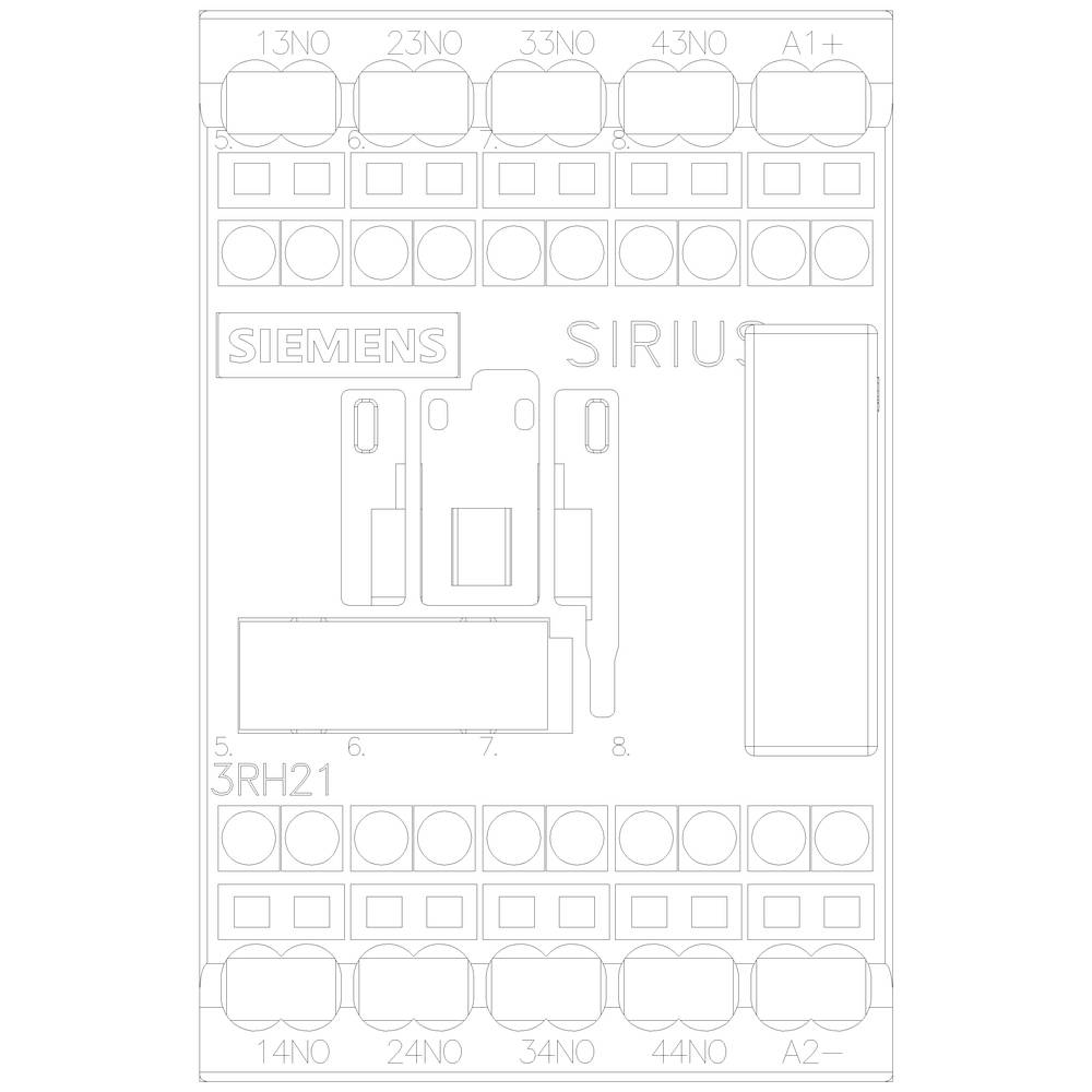 A technical diagram of a Siemens SIRIUS relay module, showing terminal connections and component designations such as '13NO', '14NO', '33NO', '43NO', etc.