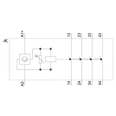 Schematic diagram of a contactor: On the left, a coil symbol with connection terminals A1+ and A2. On the right, three normally open contacts, numbered 13/14, 23/24, 33/34, 43/44.