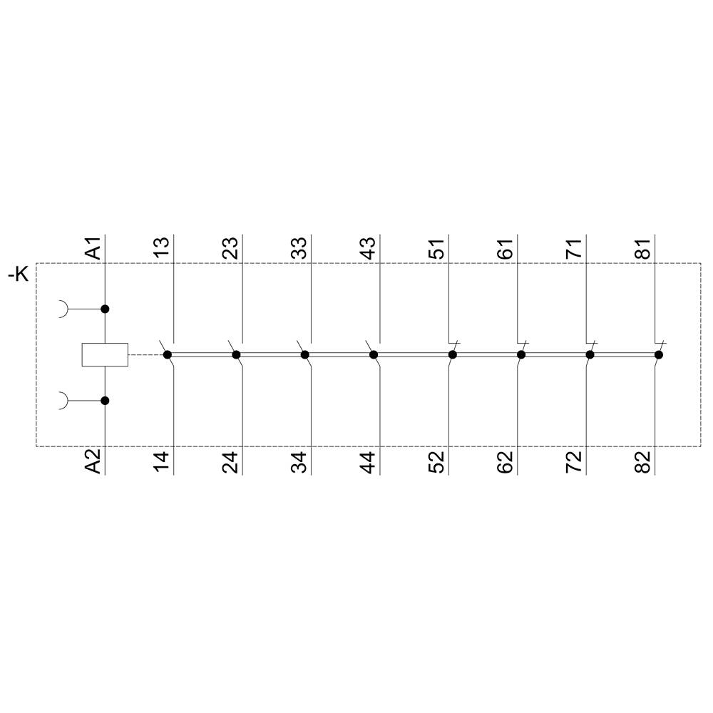 The diagram shows a series circuit with eight switches, numbered from 14 to 82, connected to terminals A1 and A2.