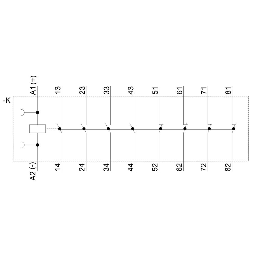 'Circuit Diagram: Interconnected electrical switches and nodes, numbered from 13 to 81. Terminals A1 (+) and A2 (-) displayed.'