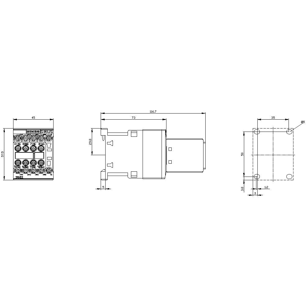 Technical drawing of an electrical component with three views: Front view with screw terminals and side dimensions, side view showing overall length, top view with mounting holes.
