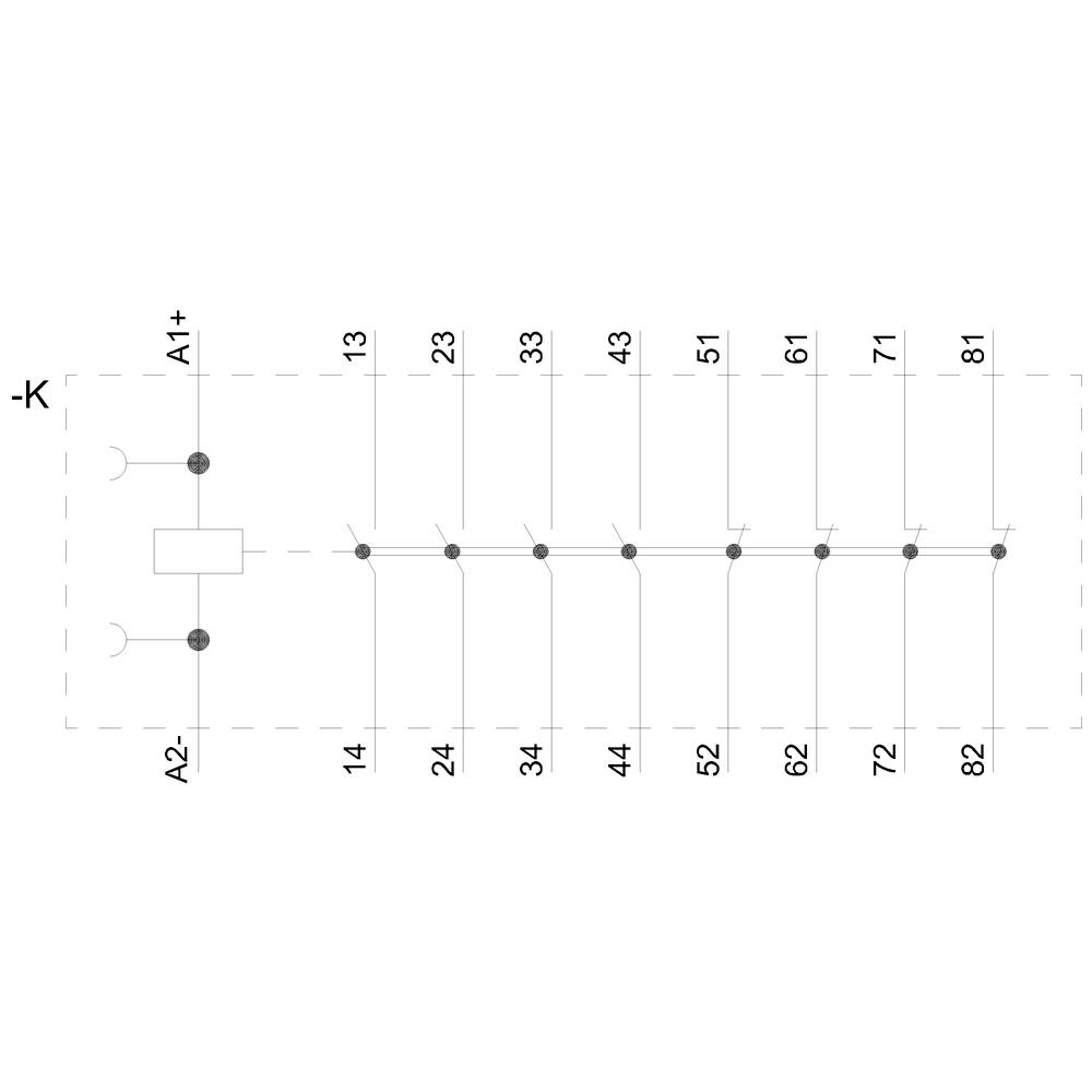 'Terminal plan of an electrical device with numbering from 13 to 14 to 82, connections and circuit symbol A1+ and A2-.'