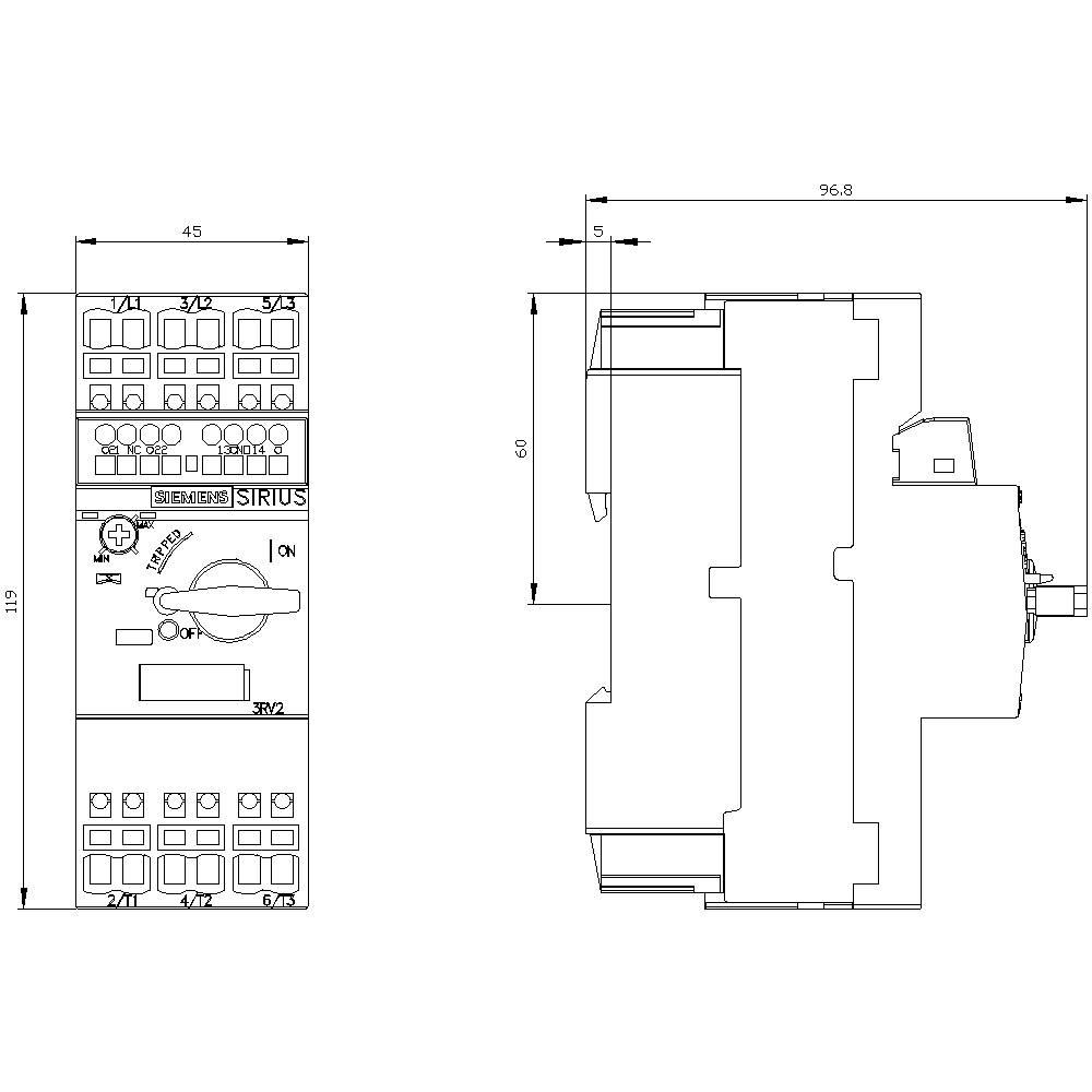 'Technical drawing of an electrical switch', shows front and side views with dimensions: height 119 mm, width 45 mm, depth 96.8 mm.