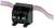 A black electronic component with two green terminals and a red cable.