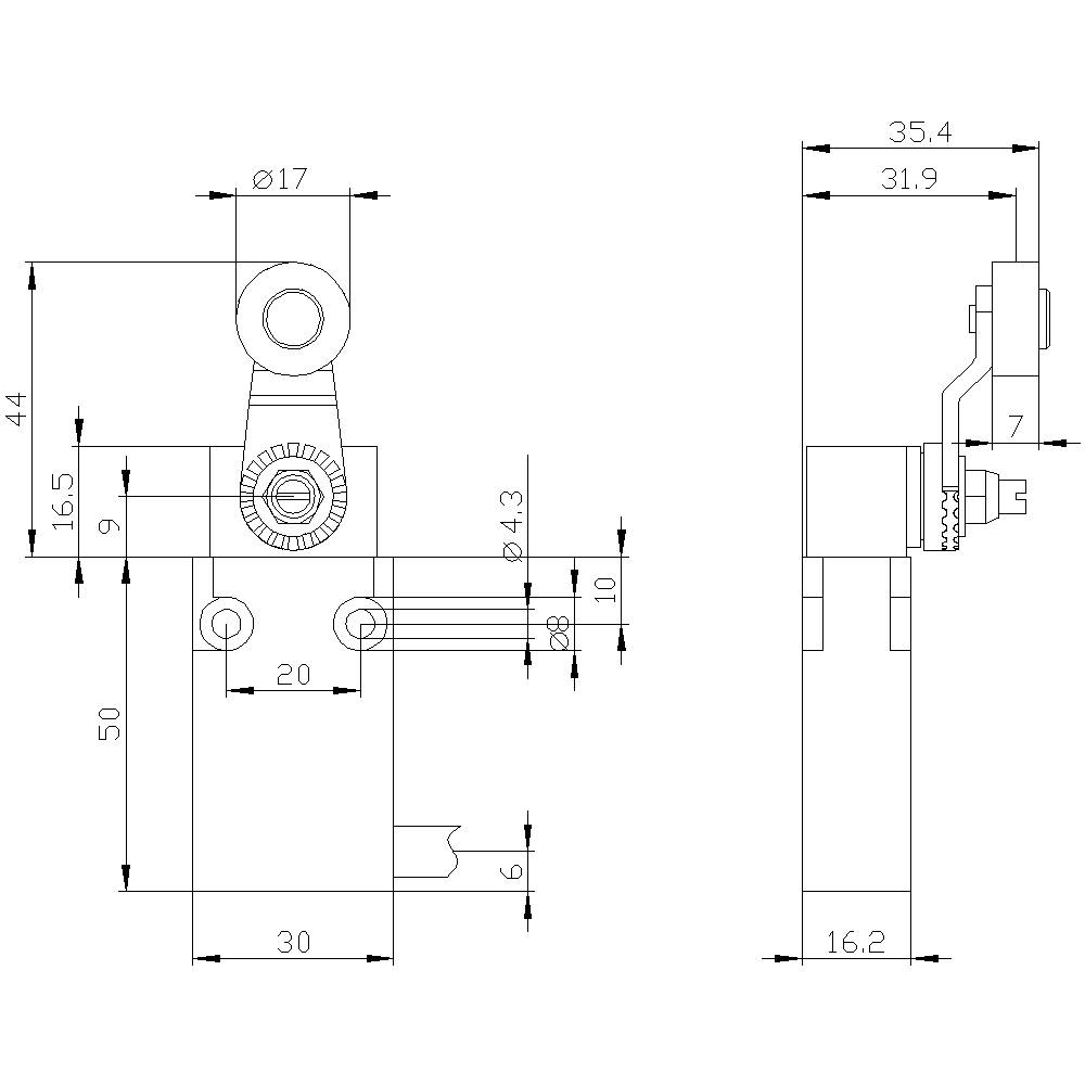 Technical drawing of a component with two views and dimensions. Main view on the left shows details such as holes and distances. Side view on the right highlights how parts are connected.