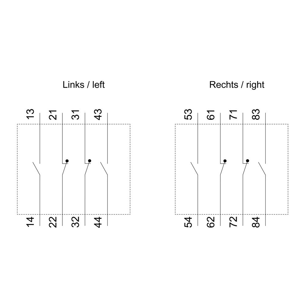 'Links/left' shows a table of connections: 13-14, 21-22, 31-32, 43-44. 'Rechts/right' shows: 53-54, 61-62, 71-72, 83-84.