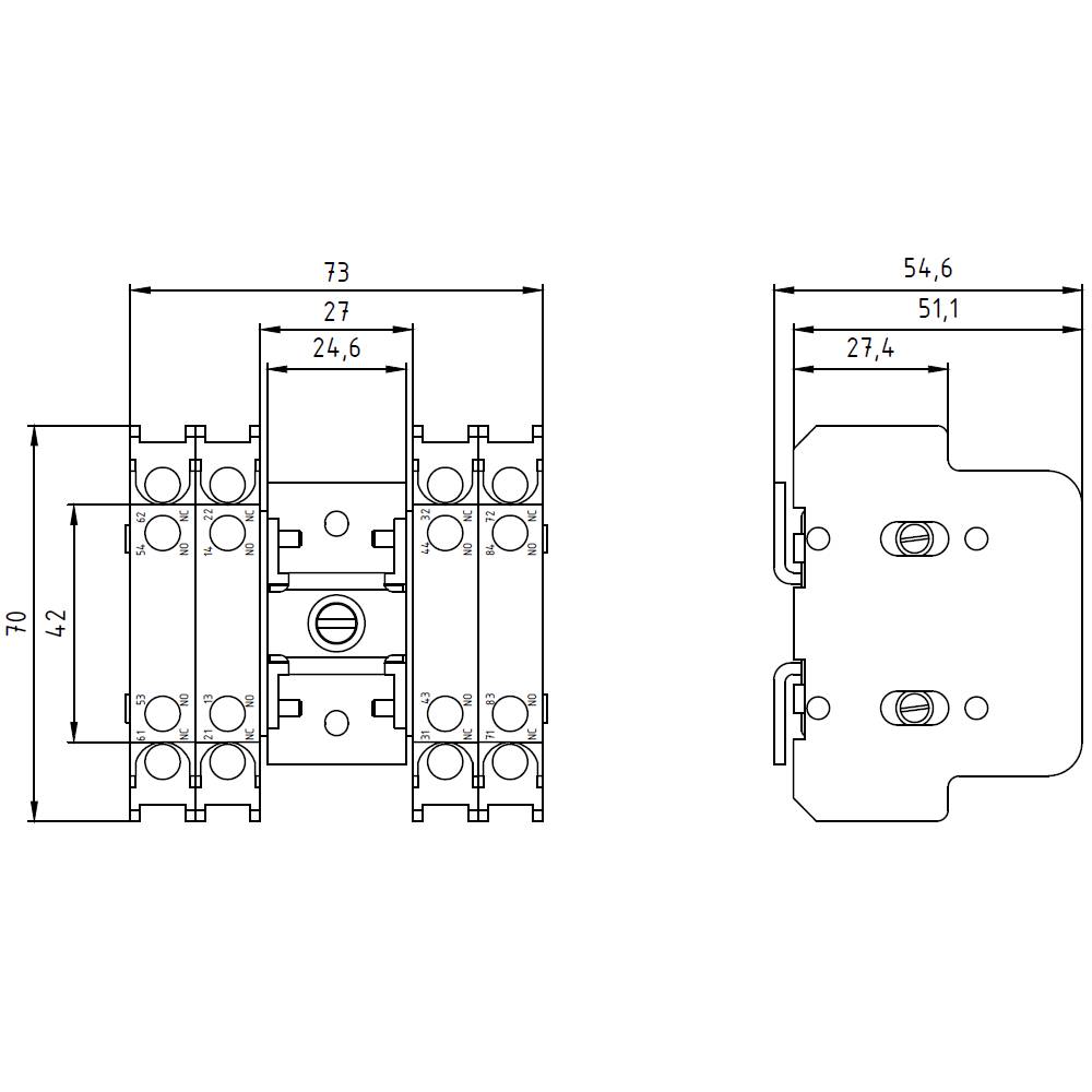 Circuit diagram shows two views of an electrical component with dimensions: 72x73 mm and 54.6x74.2 mm. Connection terminals visible.