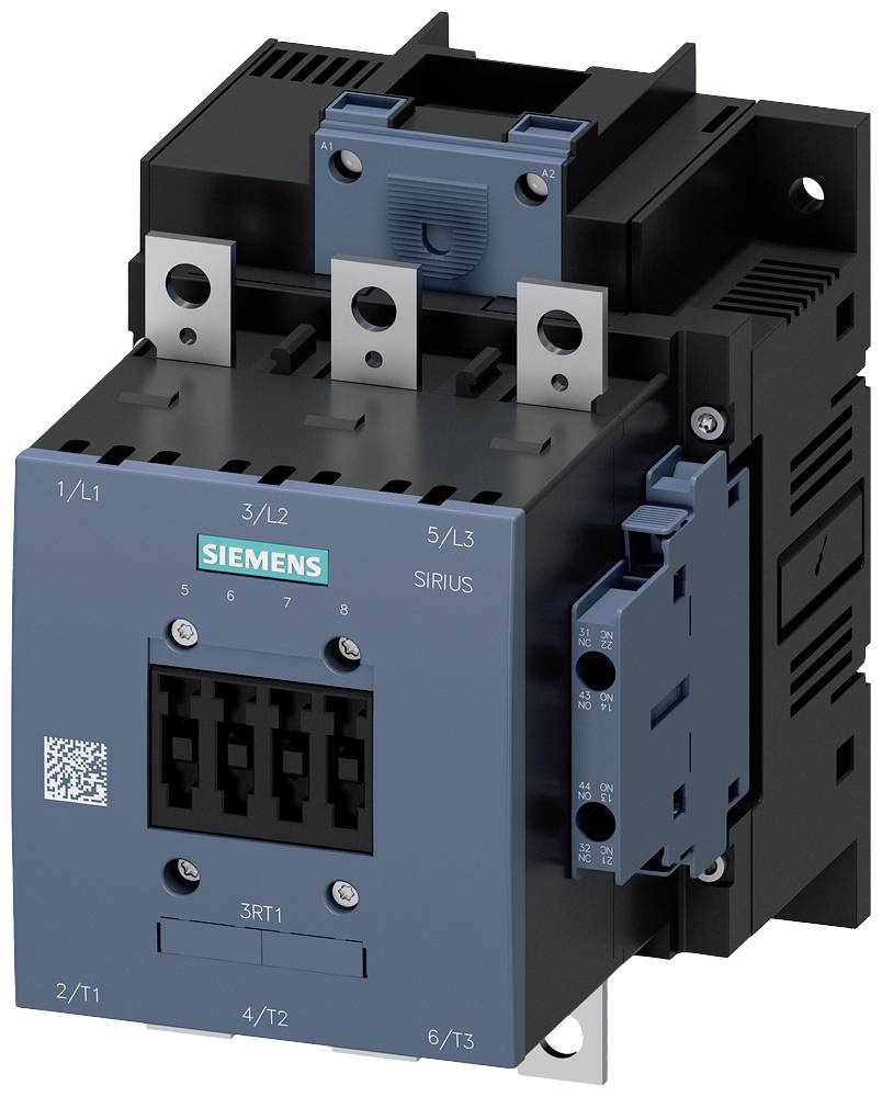 'Siemens contactor SIRIUS 3RT mounted, visible terminals for electrical connections, blue-black housing, industrial application.'