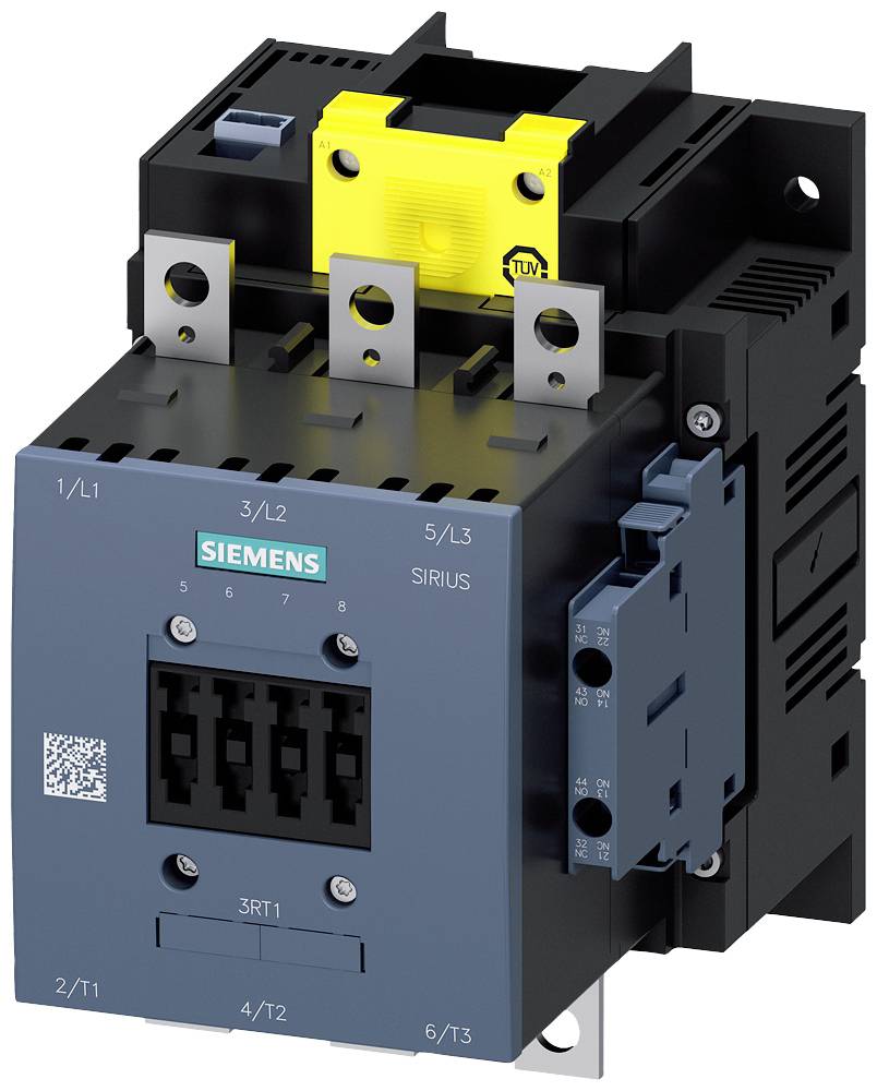 'Image of an industrial Siemens contactor from the Sirius series, model 3RT, with multiple connections and a yellow TÜV seal at the top.'