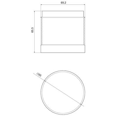 Technical drawing of a cylindrical object with dimensions of 69.2 mm and 68.5 mm in the side and top view.