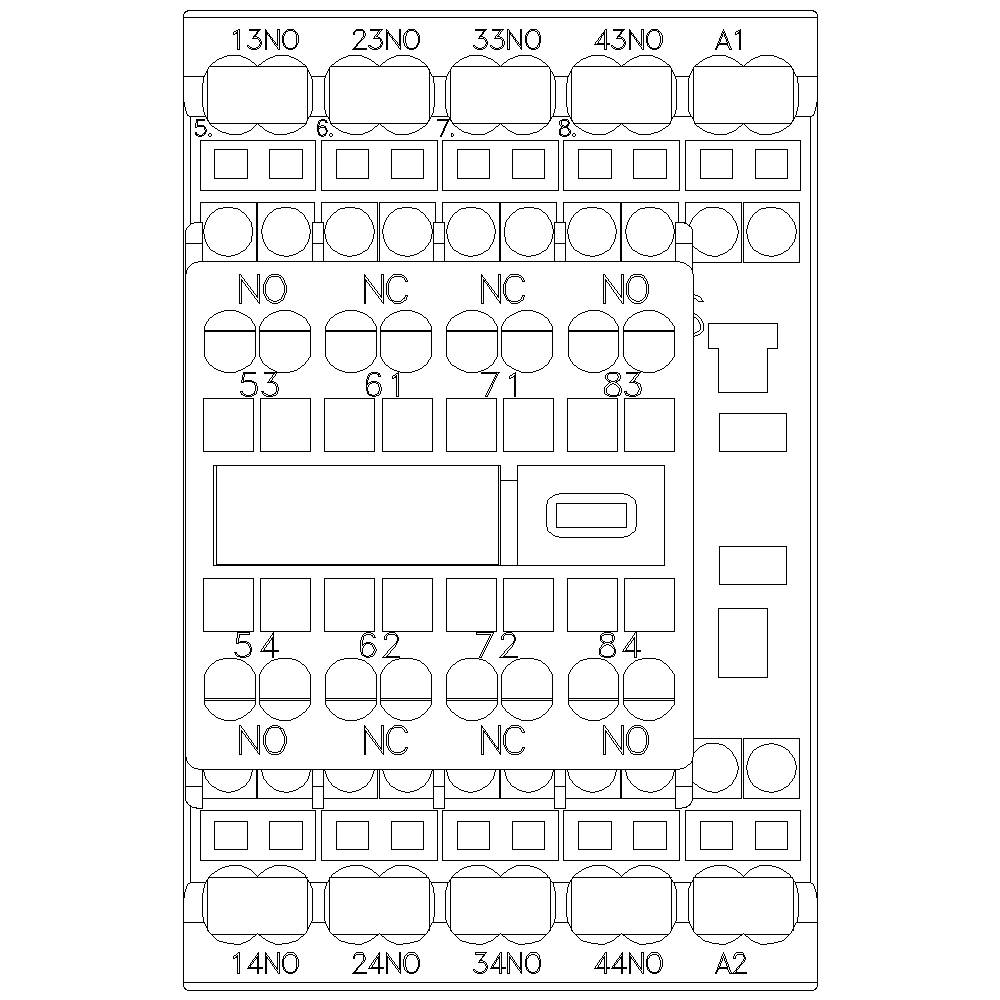 'Contactor control circuit diagram with numbered contacts and circuits, including 13NO to 44NO and A1, A2 and other terminals.'