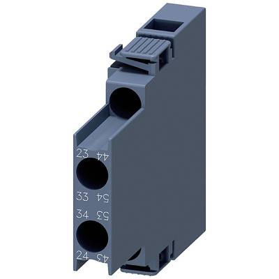 Blue electrical component for mounting on a DIN rail, with three terminals, numbered 23-24, 33-34, 43-44.