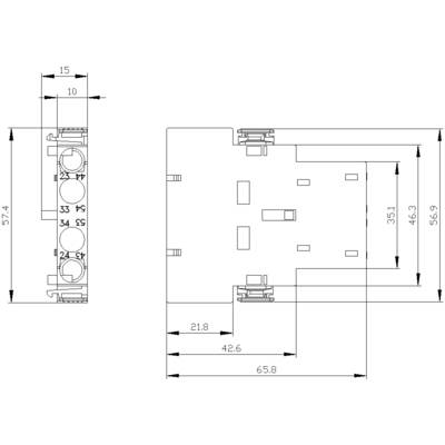 Technical drawing of an electronic device with precise measurements in millimetres, front and side view, with relevant technical details highlighted.