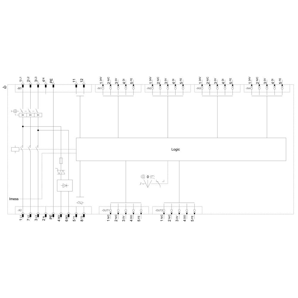 'Circuit diagram of an electronic circuit with inputs, logic unit and outputs, showing connections and signal flow.'