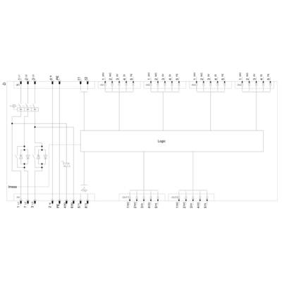 Circuit diagram of an electronic circuit with a logic block in the centre, connected with multiple inputs and outputs.