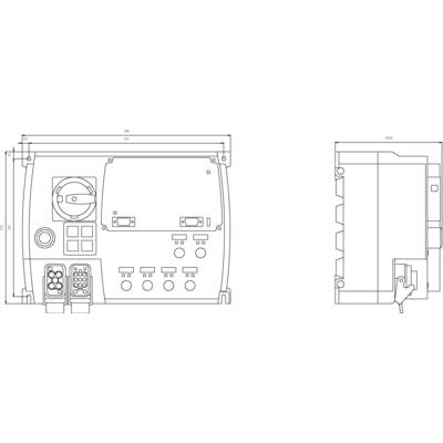 Technical drawing of an electrical device with switches and connections, showing front and side views, with dimensions indicated.