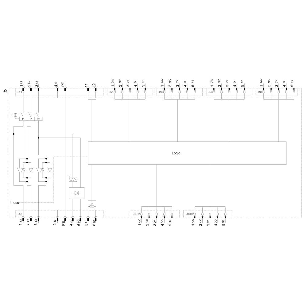 Circuit diagram of an electronic circuit with multiple inputs and outputs, logic segment in the centre, components on the right and left.