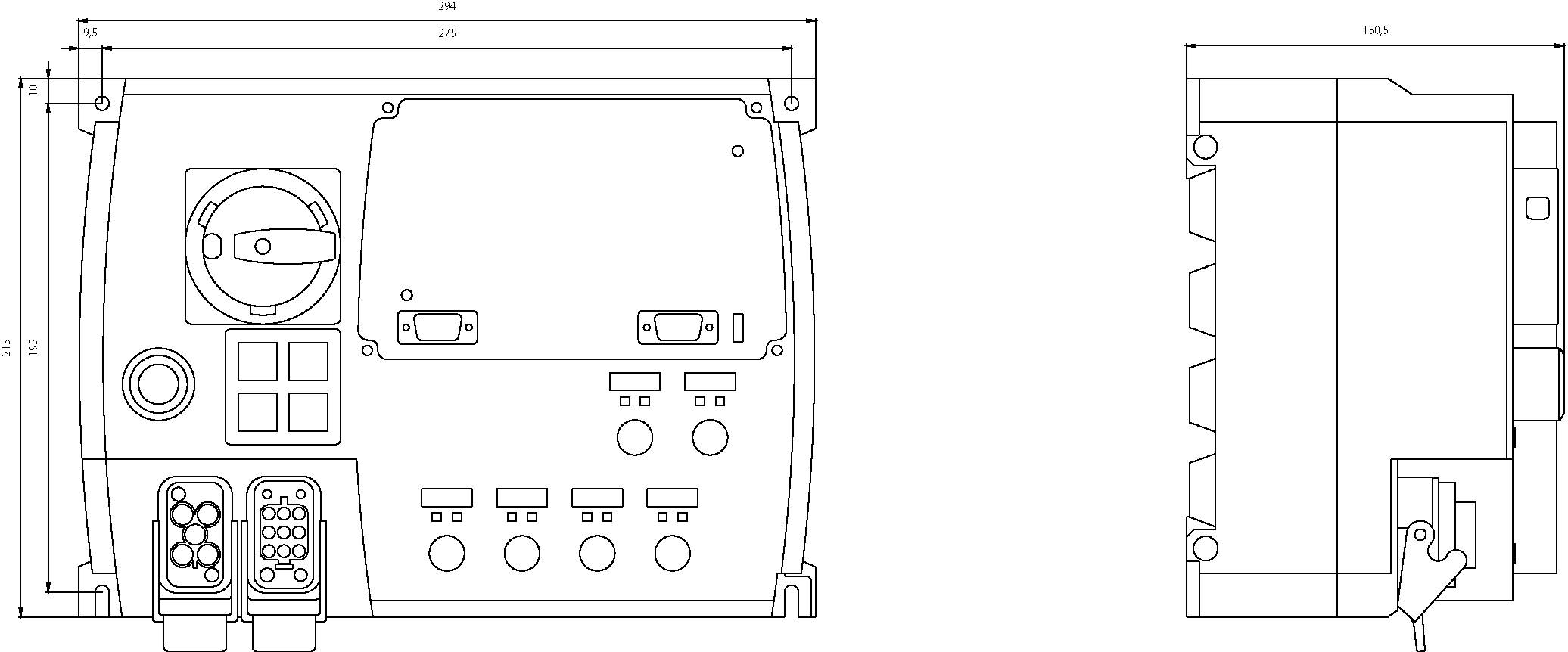 Technical drawing of an electronic device with front and side views. Shows controls, connections, and dimensions.