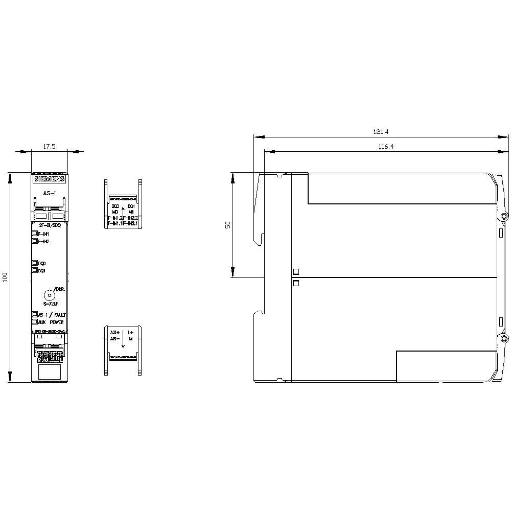 Technical drawing of an electronic device with front and side views. Dimensions: 124 x 116.4 x 100 mm. Components and connections shown in detail.