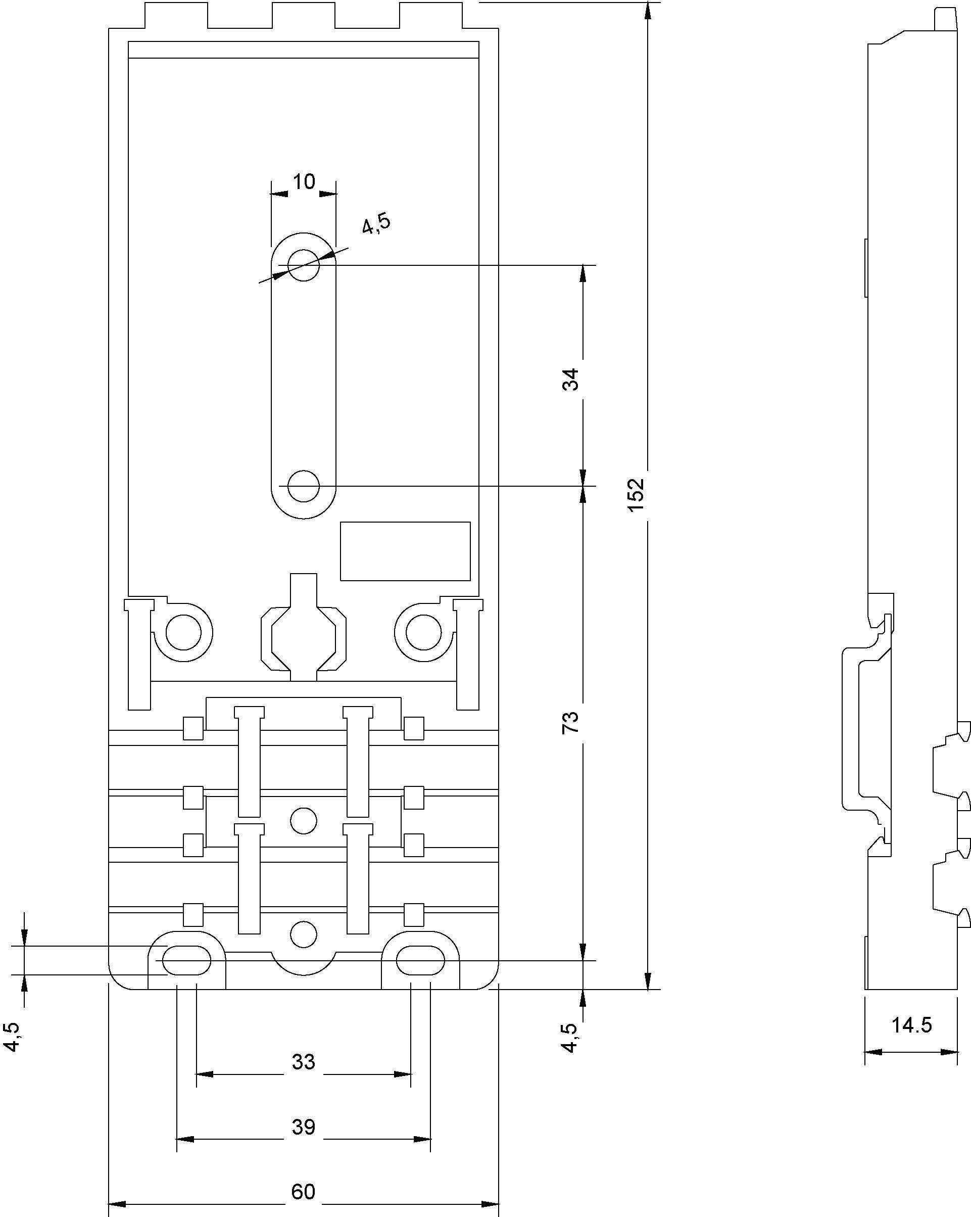 Technical drawing of an electrical component with dimensions: height 162 mm, width 45 mm, depth 14.5 mm. Contains dimension lines.