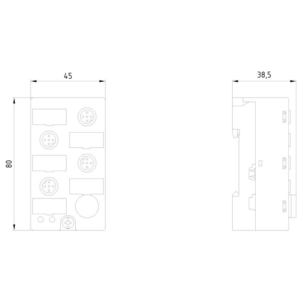 Technical drawing of an appliance plug with side view and dimensions: height 80 mm, width 45 mm, depth 38.5 mm.