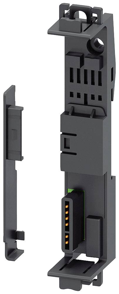 Black plastic multi-socket adapter, suitable for wall mounting. Contains orange and green electronic contacts.