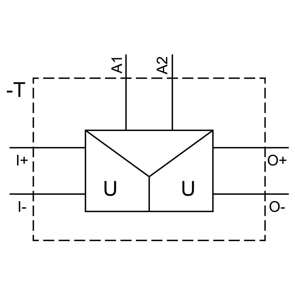 'Block diagram of a differential amplifier with inputs I+, I- and outputs O+, O-. Control terminals A1, A2. U indicates operational amplifier.'