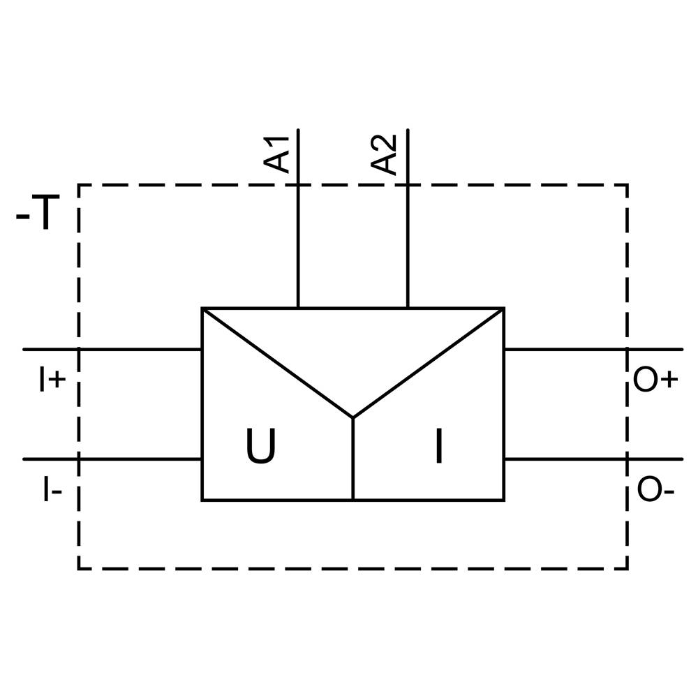 A block diagram with two inputs I+, I- and two outputs O+, O-. Inside, a symbol for a differential amplifier with terminals A1 and A2.