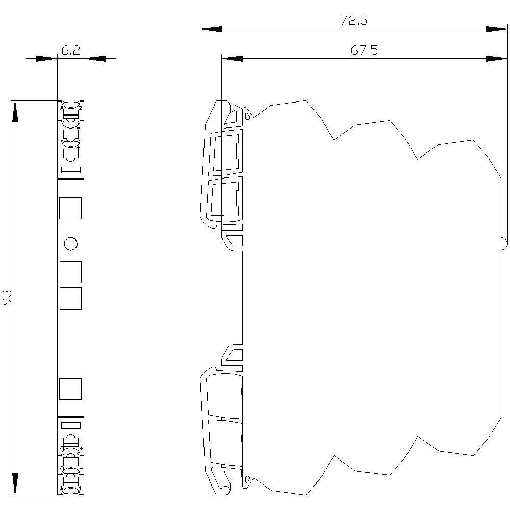 Technical Drawing: Side View and Front View of a Rectangular Device with Dimensions 93 mm x 72.5 mm.