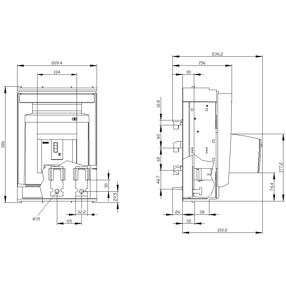 Technical drawing of an electrical component with precise dimensional specifications in millimetres for height, width, and depth.