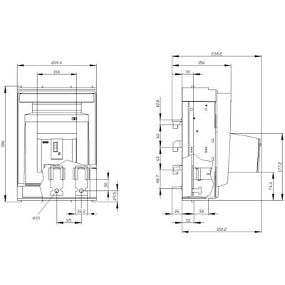Technical drawing of an electrical component with precise dimensional specifications in millimetres for height, width, and depth.