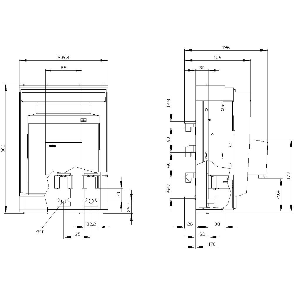Technical drawing of an enclosure with detailed dimensions and front and side views, with multiple annotations in millimetres.