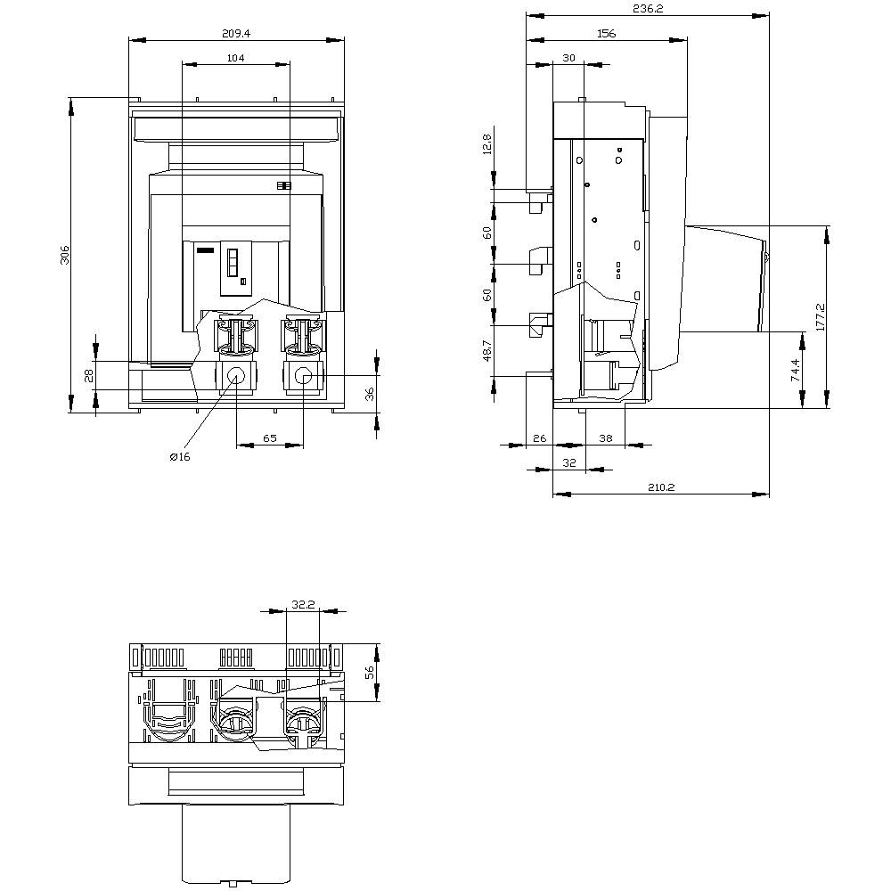 Technical drawing of a device with front and side view. Detailed dimensional specifications in millimetres frame the illustrations.