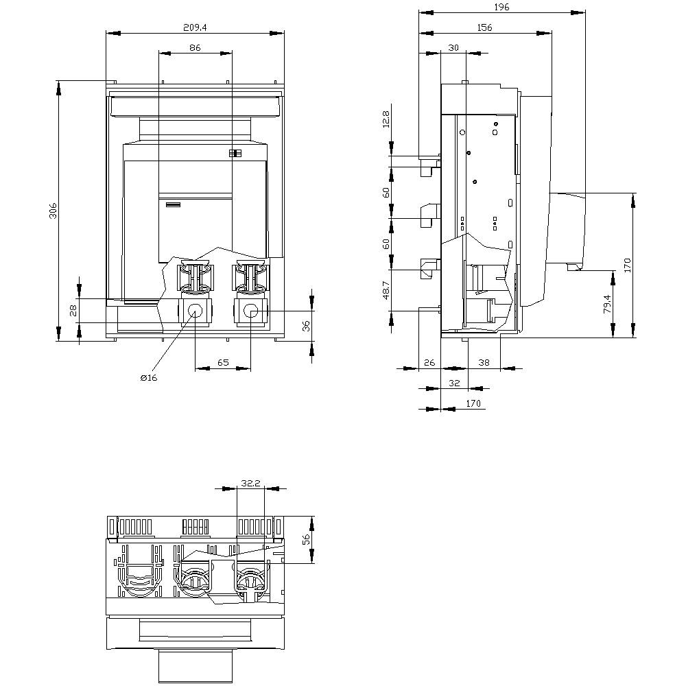 Technical drawing of an electrical switchboard with front and side view. Dimensions given in millimetres.