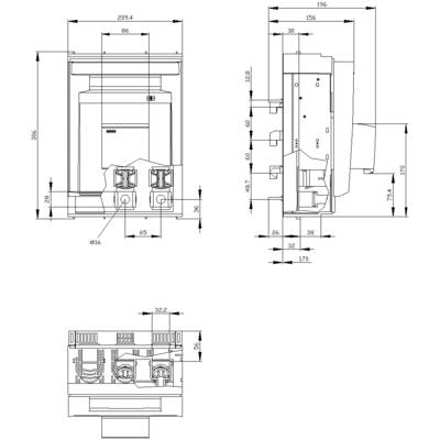 Technical drawing of an electrical switchboard with front and side view. Dimensions given in millimetres.
