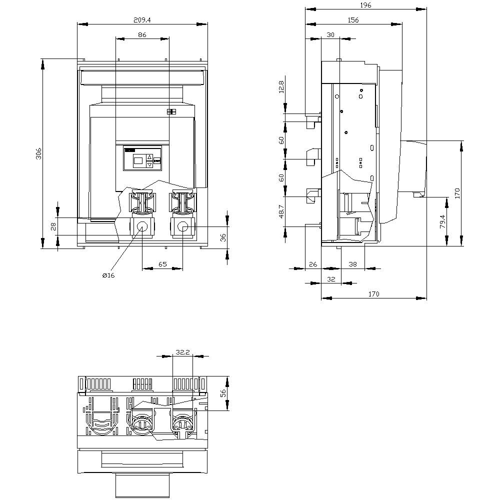 Technical drawing of an electrical device with front and side views. Dimensions in millimetres, showing detailed measurements and components.