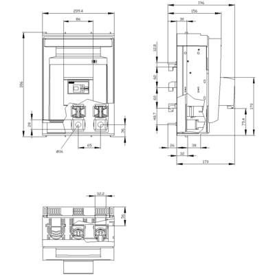 Technical drawing of an electrical device with front and side views. Dimensions in millimetres, showing detailed measurements and components.