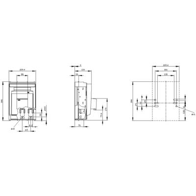 Technical drawing with three views of a component. Dimensions and distances are given in millimetres. The side view shows detailed measurements.