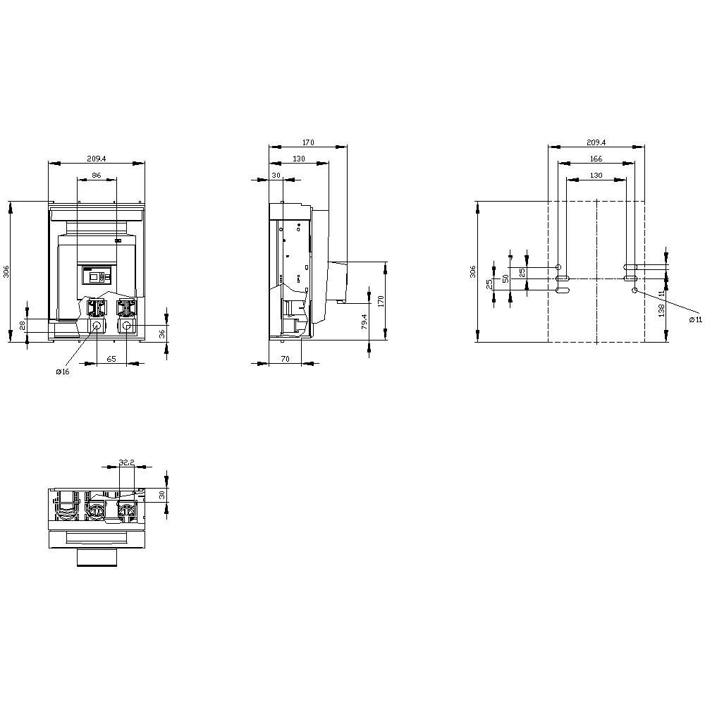 Technical drawing of a device with dimensions in millimetres. Front, side and top view with details and measurements.